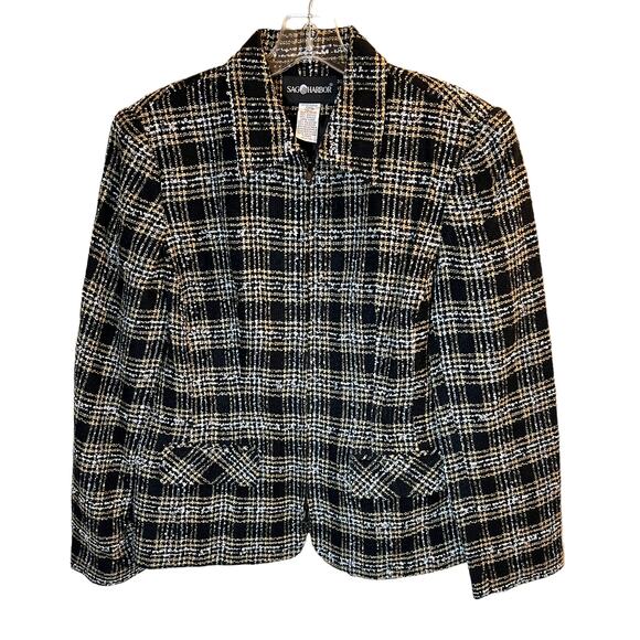 Sag Harbor, Tweed Zip Jacket w collar, 10, Black Tan White - Picture 1 of 11